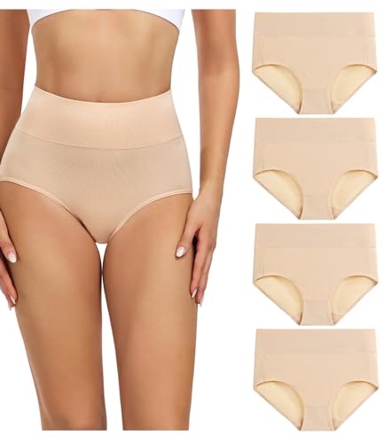 wirarpa Women's Cotton Postpartum Underwear High Waisted Ladies Panties Full Coverage Briefs 4 Pack Beige Large
