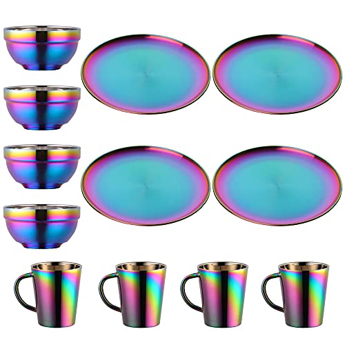 Plate and Bowl Sets, Stainless Steel Dishs Bowls Mugs Kitchen Dinnerware Set Service for 4 (Rainbow, 11.8 inch plate/5.1 inch bowl/cups)