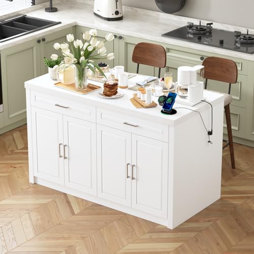 Homsee 61" W Large Kitchen Island with Charging Station, 2 Drawers and Adjustable Shelves, Modern Stationary Kitchen Prep Table Coffee Bar Cabinet for Dining Room, White