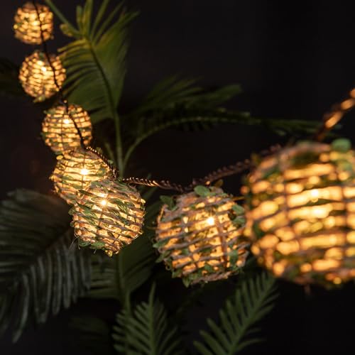 Decorative Lantern String Lights, Outdoor Plug in Hanging Lights with 10 Natural Hemp Rope Leaf Balls, Connectable Weatherproof Patio Globe Boho String Lights for Home Pergola Porch Party Backyard