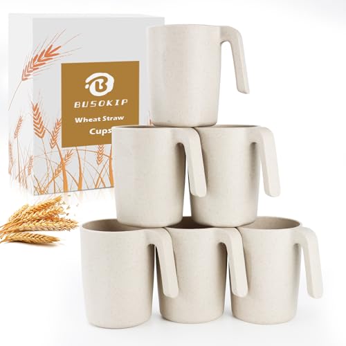 BUSOKIP Wheat Straw Cups with Handle 16 oz Set of 6, Plastic Mugs With Handle Unbreakable Kids Mugs, Dishwasher Safe Drinking Cup for Tea, Coffee, Camping & Kitchen (Beige)