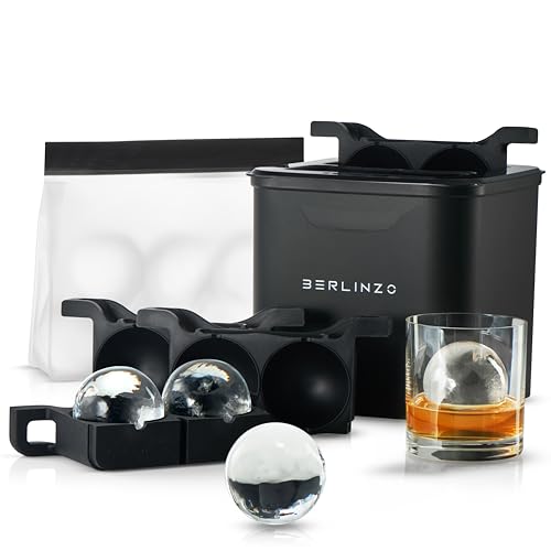 Berlinzo Premium Clear Ice Ball Maker Mold - 4 Large 2.4-inch Crystal Clear Ice Balls for Whiskey Cocktail, Easy-to-Remove Ice Sphere Mold- Ice Storage Bag Included, Black (Non-Electric)