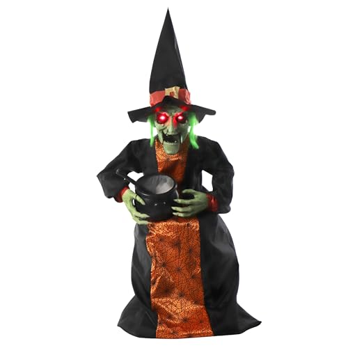 Haunted Hill Farm Sitting and Talking Witch Halloween Animatronic with Moving Mouth and Light-Up Mini Cauldron for Scary Halloween Decorations, Spooky Halloween Props, Perfect for Tabletop