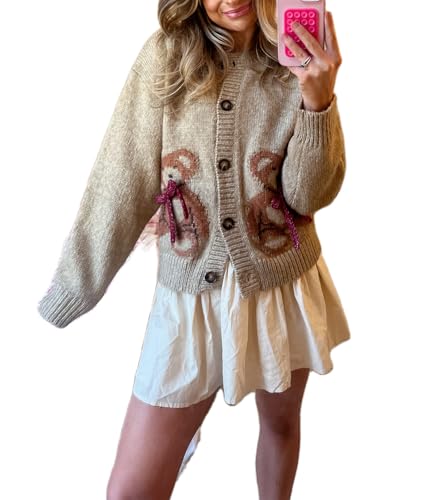 Y2k Knit Cardigans for Women Cute Bear Bow Long Sleeve Crewneck Sweater Button Down Casual Fall Tops Knitwear (Khaki, S)