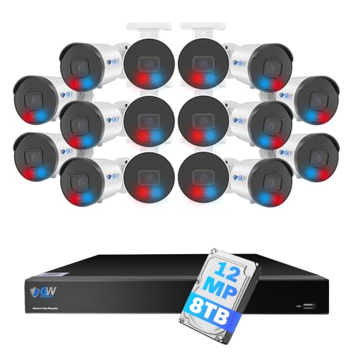 GW Security 32 Channel NVR UltraHD 12MP (4096x3072) Face/Human/Cars/License Plate Detection PoE Security Camera System with 16 x 6K 12MP Full Color Night Vision Waterproof 2-Way Audio Bullet Cameras