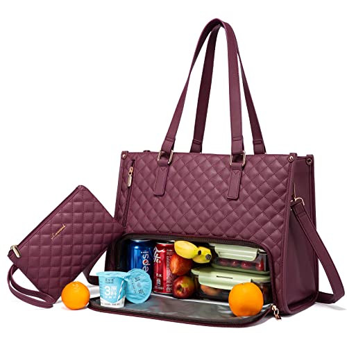 LOVEVOOK Lunch Tote Bag for Women, 15.6 Inch Laptop Bag with Insulated Lunch Compartment, Quilted Large Capacity Computer Handbag with Purse for Business, Work, Nurse, Collage, Office, Casual, Wine