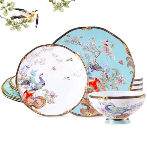 ACMLIFE Bone China Dinnerware Set for 4, 12-Piece Vintage Floral Dinnerware Set, Kitchen Plates and Bowls Set, Christmas Gifts for Women (Blue-Phoenix)