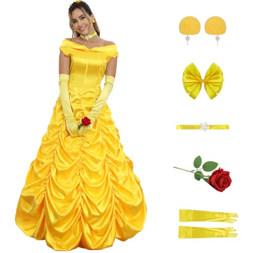 Poboola Belle Costume Women Adult Princess Costumes Halloween Cosplay Party Yellow Dress Long Dress Gown Beauty Outfit S