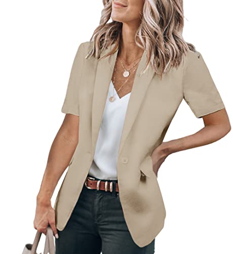 Cicy Bell Women's Casual Blazer Short Sleeve Lapel Open Front Work Office Suit Jacket Light Khaki