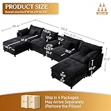 ONEMMLION 145" U Shaped Cloud Couch Sectional for Living Room, Oversized Modern Modular Sofa with Movable Ottoman, Comfy Fluffy Chenille 6 Seat Sofa Set with Central Console & USB Ports, Black