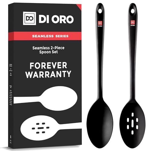 DI ORO Silicone Spoons for Cooking - Large Kitchen Spoons for Mixing, Serving, & Stirring - 600°F Heat-Resistant Non Stick Utensils – Big Solid & Slotted - Dishwasher Safe (2pc, Black)