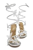 sexytag Diamante Heels Butterfly Wrap Around Strap Fantasy Rhinestone Crystal Diamond Embellished Open Toe Stiletto Strappy High Heels Sandals Cute Wedding Dress Party Shoes Silver Size 9