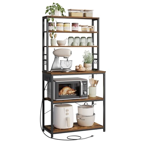 VASAGLE Bakers Rack with Power Outlet, 31.5 Inches Coffee Bar for Kitchen with Storage, 6-Tier Kitchen Shelves with 6 Hooks, Microwave Stand, Rustic Brown and Black UKKS119K01