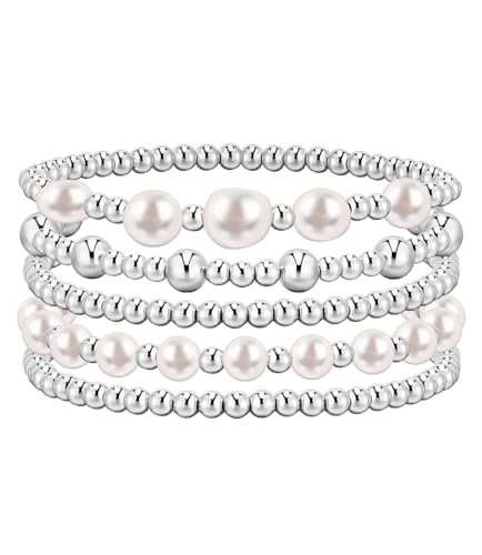 adoyi Silver Beaded Bracelets for Women, 14K Gold Plated Bead Bracelets Stack Trendy Stackable Strand Stretch Pearl Ball Bracelet Set Jewelry Set for Women Gift