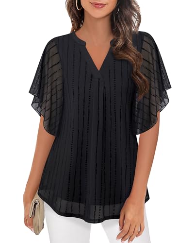 Timeson Womens Blouses for Work Professional,Ladies Summer Tops and Blouses Trendy 2024 Elegant Dress Shirts for Office No Iron Business Casual Outfits Fancy Tunics Modlily Sheer Tops Black Stripe XL