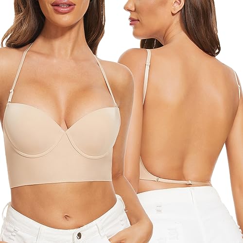 Low Back Bras for Women-Seamless Lightly Lined Invisible Backless Bra-Underwire Plunge Open Back Multiway Halter Bra (Nude, 36DD)