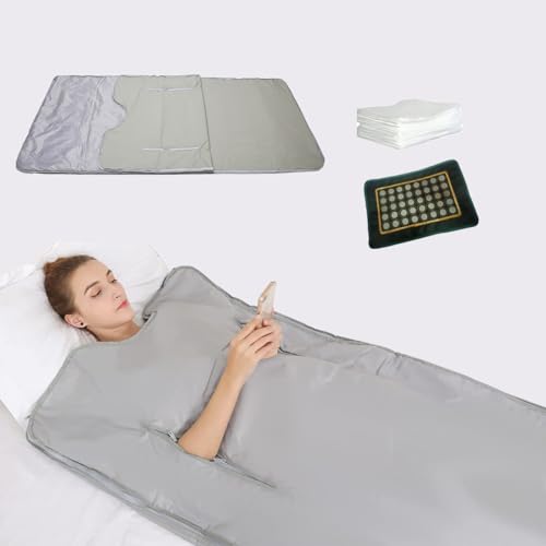 PINJAZE Natural Jade and Tourmaline Heat Sauna Blanket Detox 2025 Upgrade Far Infrared Zipper Sauna Bed Pain Relief Sauna Bag Oxford Cloth (Silver)