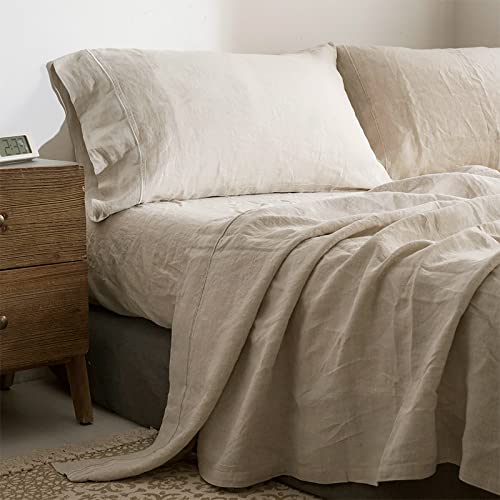 Simple&Opulence 100% Linen Sheet Set with Embroidery Washed - 4 Pieces (1 Flat Sheet & 1 Fitted Sheet & 2 Pillowcases) Natural Flax Soft Bedding Breathable Farmhouse - Linen, King Size