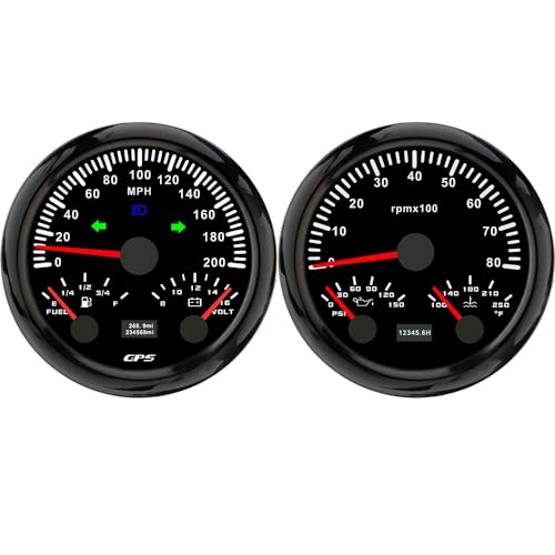 ELING 3 3/8inches 2 Gauge Set Speedometer 200MPH GPS Tachometer 8000RPM Fuel Level Water Temp. 100-250℉ Oil Pressure 0-150PSI Voltmeter with 7 Colors Backlights 12V for Car Motorcycle