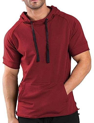 COOFANDY Men's Workout Short Sleeve hoodies Pullover Short Sleeve Cotton Gym Workout T-shirts Hooded Sweatshirt with Pocket Wine Red