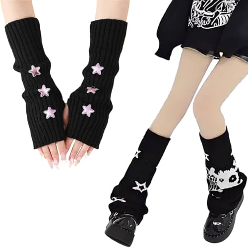 DUOJINSANXI 2 Pair Star Arm Warmers Y2k and Leg Warmers Y2k, Cute Black Arm Warmers Women, Harajuku Accessories, Black Japanese Clothes Style Fsahion Fingerless Cute Gloves for Girls
