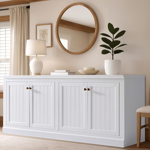 AMERLIFE 72" Farmhouse Sideboard Buffet Cabinet with Barn Doors, Storage Console Table with Adjustable Shelves, Coffee Bar/TV Stand for Living Room, Kitchen, Entryway, White