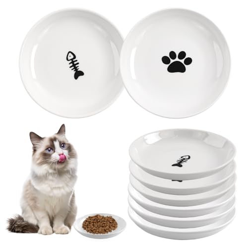 6 Pack Cat Food Bowl, Ceramic Cat Bowls, Anti Whisker Fatigue Cat Dishes Set,Shallow Wide Kitten Plates for Food and Water, 5.5 Inches Kitten Bowls Cute Cat Feeding Bowls Set (Cat's Paw+Fishbone)