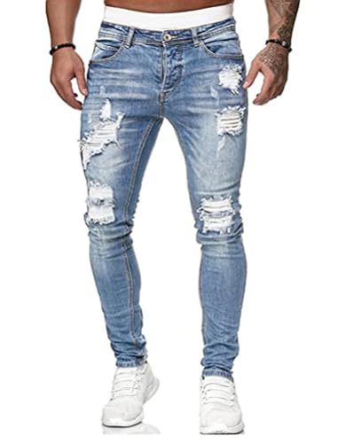 HUNGSON Men's Blue Slim Fit Jeans Stretch Destroyed Ripped Skinny Jeans Side Striped Denim Pants(LLBlue,32)