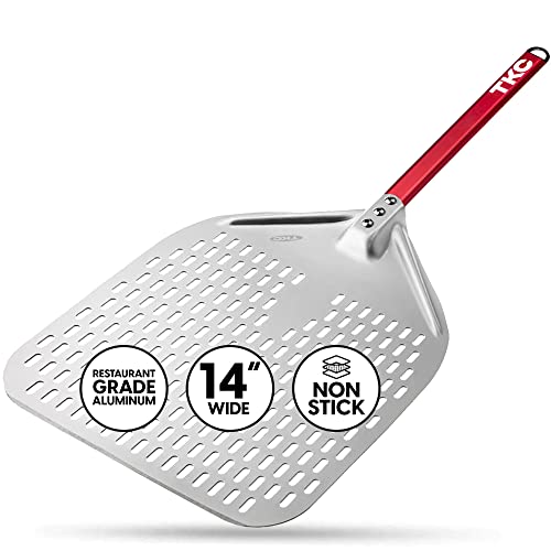 TKC 14” Perforated Pizza Peel – 31 Inch Long Handle Perforated Aluminium Pizza Paddle – Lightweight Pizza Turning Peel – Commercial Grade Pizza Spatula - Outdoor Pizza Oven Accessories - (Silver/Red)