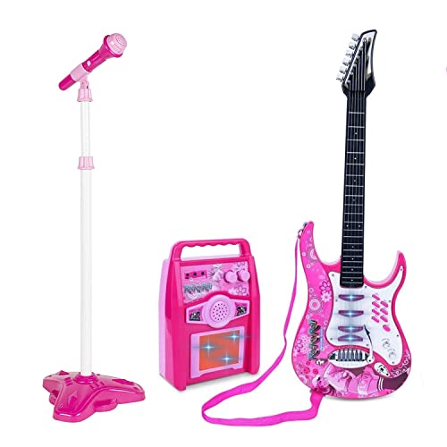 Willbebest Kids Karaoke Microphone Guitar Musical Set Kids Electric Guitar Microphone Amplifier Set Karaoke Machine Musical Instruments Toy Electric Guitar with Microphone for Boys and Girls (Pink)