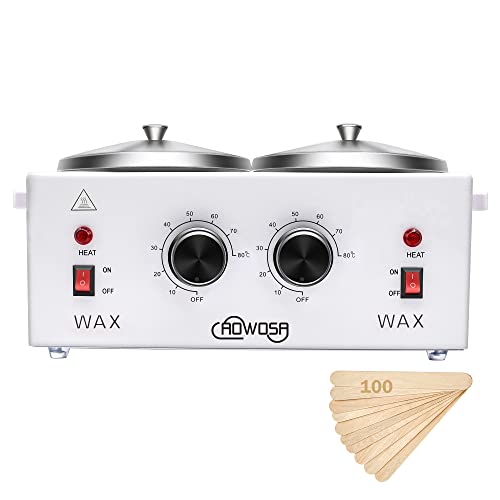 Double Professional Electric Wax Heater for Hair Removal - Dual Wax Pot, Paraffin Facial Skin Body SPA Salon Equipment with Adjustable Temperature Set and 100 Wax Applicator Sticks