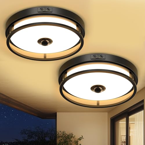 OYKYOHEI Motion Sensor Outdoor Ceiling Light, 12" Flush Mount LED Dusk to Dawn Porch Lights, Black Ceiling Lamp for Entryway, Garage, Hallway, 2 Pack