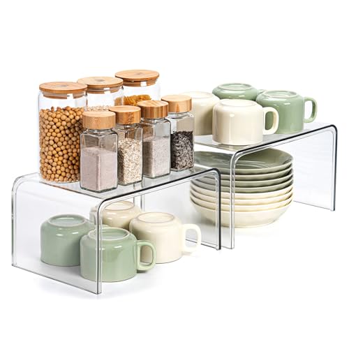 Clear Cabinet Organizer, Shelf Organizer Set of 2 for Kitchen Pantry Organizers and Storage, Display Cabinet Shelf Room Decor Countertop Desk Shelves, Patented Spice Organization for Cabinet