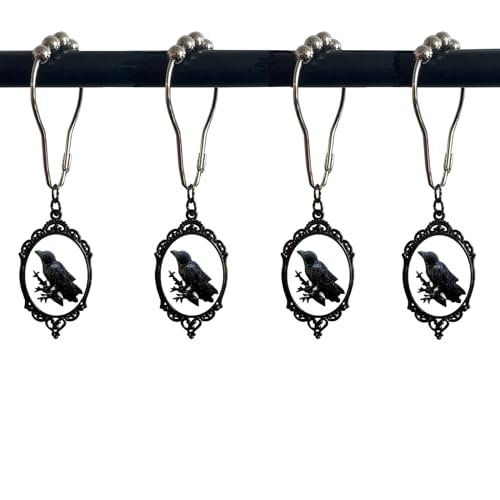 Black Raven Shower Curtain Hooks,12Pcs Halloween Spooky Crow Rustproof Metal Shower Curtain Rings, Gothic Retro Bird Home Bathroom Decor