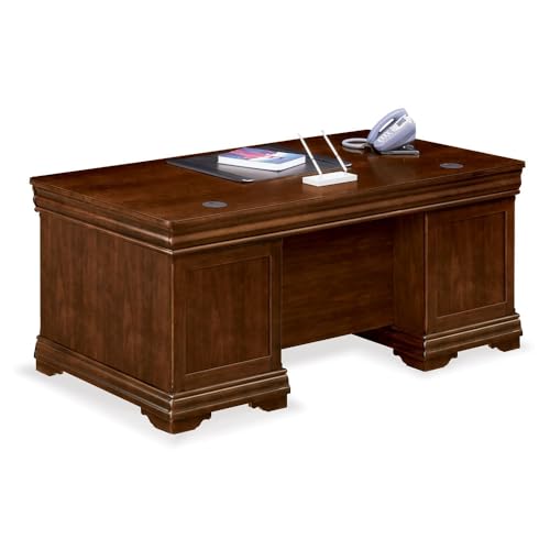 Pont Lafayette Executive Desk - 72" W Deep Walnut Double Pedestal Design, Box Drawer, File Drawer, Keyboard Tray, Elegant Wood Veneer Finish