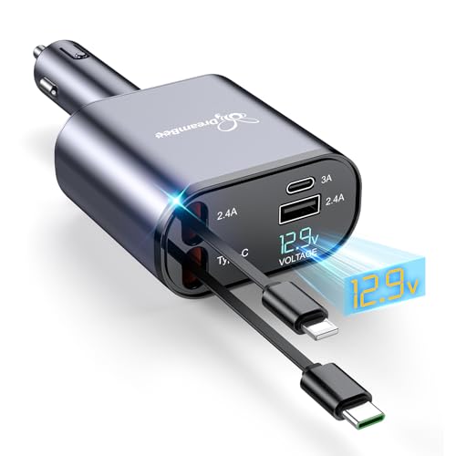 DreamBee Retractable Car Charger,66W 4 in 1 Super Fast Charge Car Phone Charger,Gifts for Men Women Car Truck Accessories for iPhone 15/14/13/12 Pro Max XR,iPad,Samsung,Pixel