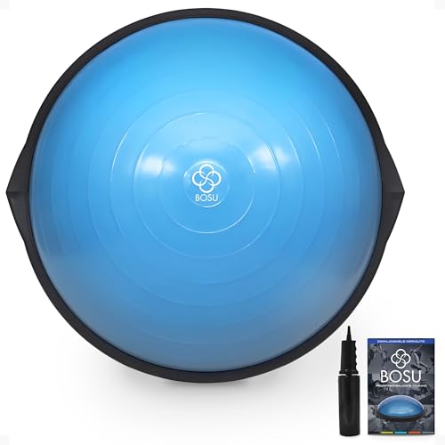Bosu Balance Ball Exercise Trainer, Home Gym Equipment w/ Guided Workouts & Pump, 26", Blue - Inflatable Fitness Platform for Strength Training, Standing, Balancing, and Core Workout