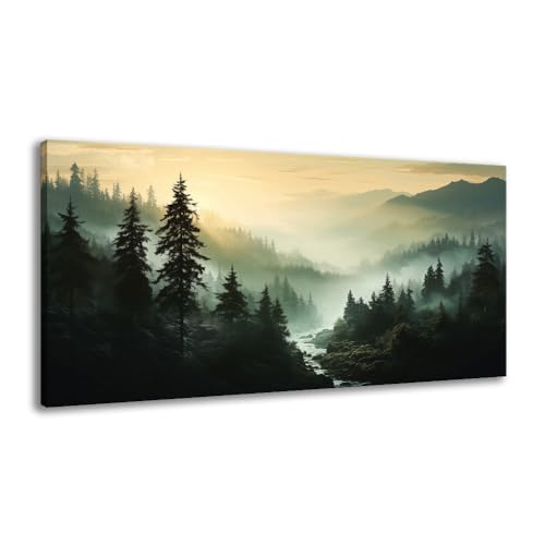 BYXART Misty Forest Canvas Wall Art Foggy Mountain Landscape Nature Picture Decor for Bathroom Living Room Pine Trees Smoky Scenery Painting Artwork for Bedroom Home Office Decorations 40L x20W