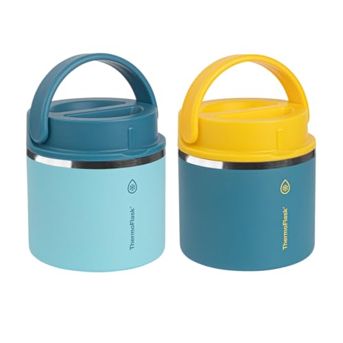 Thermoflask 20 oz Double Wall Insulated Food Jar, 2-Pack, Tropical Blue + Backpack Blue/Backpack Blue + Ray Flower