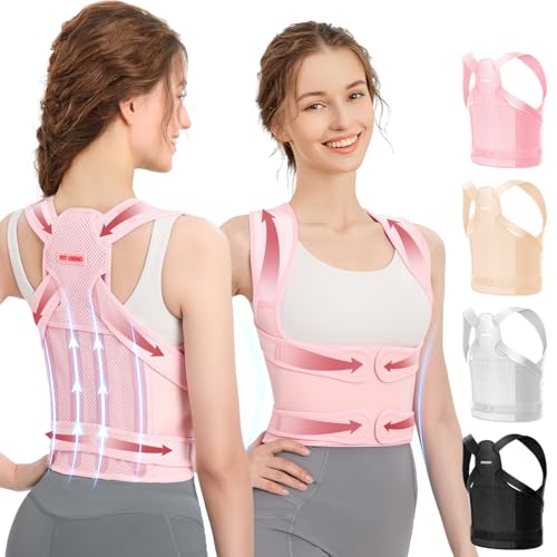 Fit Geno Back Brace and Adjustable Posture Corrector And Trainer for Women and Men, Back Straightener, Scoliosis and Hunchback Correction, Back Pain, Spine Support, Pink, Medium (Waist 25-33 Inch)