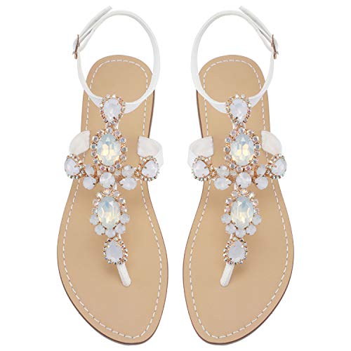 ZhuLinFeng Women's Rhinestone Gladiator Sandals Flat Beach Wedding Shoes Flip-flops Gemstone Pearl Sparkling Bride Bridesmaid White Size 10.5