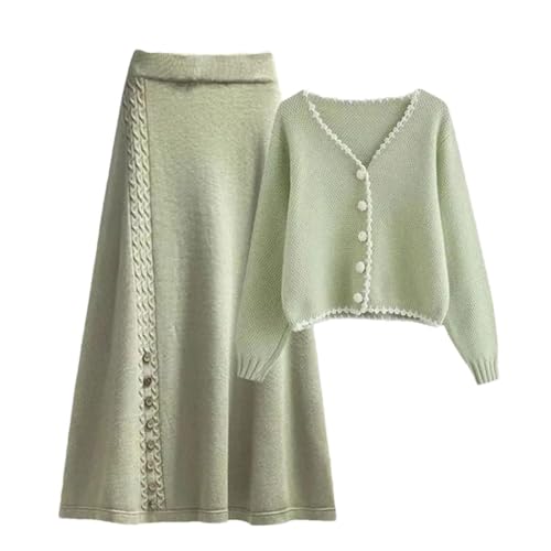 keusyoi Women Sweater Cardigan A-Line Skirts Two Piece Set Korean Lady V-Neck Knit Tops Skirt Outfits Basic Clothing