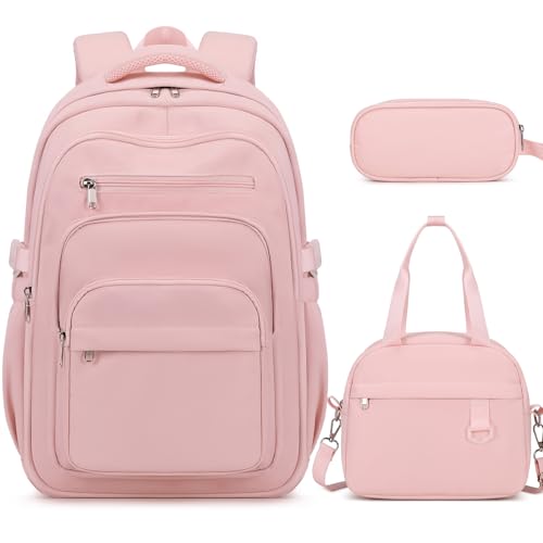 DIGOBAY Backpack for School Girls Boys, College Backpack with Lunch Bag Pencil Case for Teens Kids Elementary Middle High School, Casual Multi-Pocket Travel Daypack with USB Port for Women Men Pink