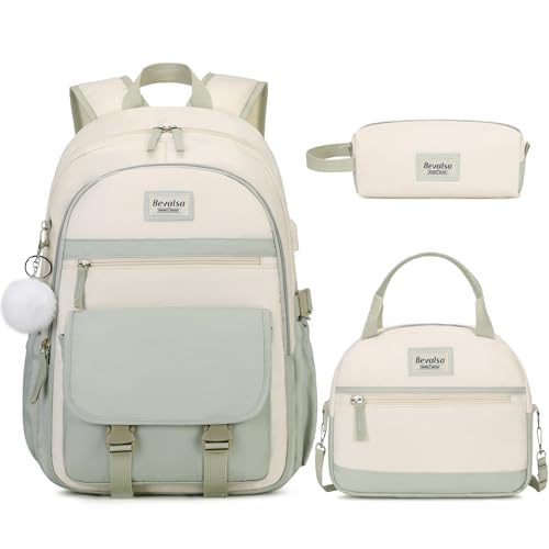 Bevalsa Backpack for Girls, School Backpacks for Girls, Kids Backpack with Lunch Box & Pencil Pouch for Teens Girl Kids Elementary Middle High School College Student Bookbag Daypack (Green Beige)