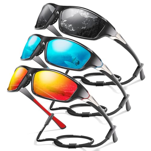 Foliful 3 Pack Polarized Sports Sunglasses for Men, Mens Sunglasses Wrap Around UV400 Protection for Cycling Fishing Driving