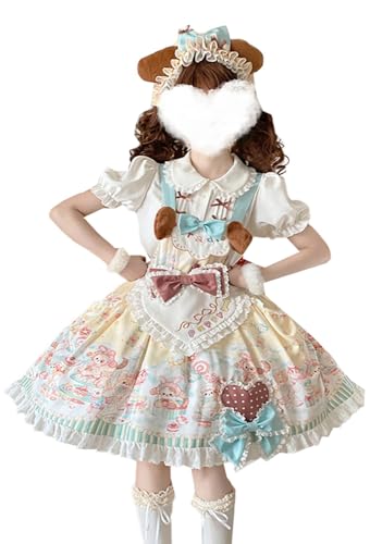 VVRPWASSLY Japanese Kawaii Lolita Dress Sweet Suspender Dress Set Cute Bear Print Princess Dress for Women Party
