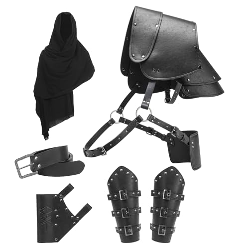 Berenlu Mens Renaissance Costume Set Medieval Belt Shoulder Armor Leather Bracers Shawl Viking LARP Cosplay Accessories (Black A)