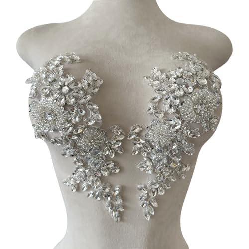 XZG.beatal Handmade Shining Rhinestones lace Applique Patches Sewing Beads Sequins Stone Trim Accessories for Wedding Dress 1 Pair/Bag 11X4.3inches (Silver)