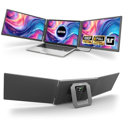 KEFEYA 15.6" Laptop Screen Extender, with Magnetic Power Bank, 1 Cable Connect Triple Laptop Monitor Extender, 1080P FHD Monitor for Laptop, Compatible with Mac, Windows, Android for 13-17" Laptops