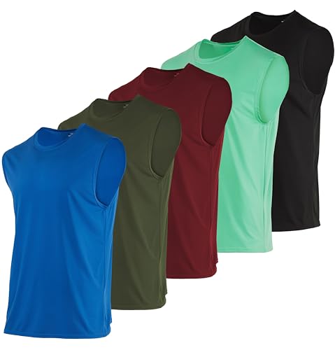 Real Essentials Men's Dry Fit Jersey Sleeveless Tank Top Muscle Yoga Active Men Basketball Beach Gym Workout Running Fitness Athletic Gym Bodybuilding Undershirt Tee T-Shirt, Set 9, XL, Pack of 5